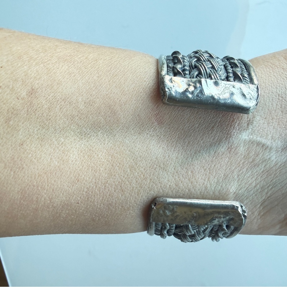 Braided Silvertone Wide Cuff Bracelet Tribal Ethnic Boho Statement Vintage Tibet - Picture 11 of 13